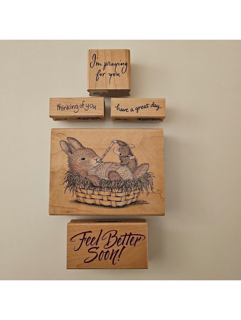 Lot of 5 Rubber Wood Mounted Stamps Bunny Boo Boo Sick Feel Better Soon & More